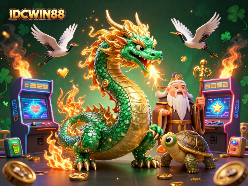 Experience thrilling gameplay with IDCWIN88 featuring a jade dragon and lucky cranes in a colorful casino scene.