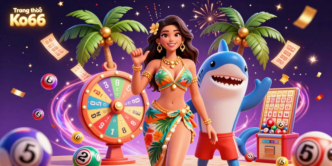 Experience the excitement at Trang chủ Ko66 with dynamic lottery elements and tropical vibes in a vibrant casino setting.