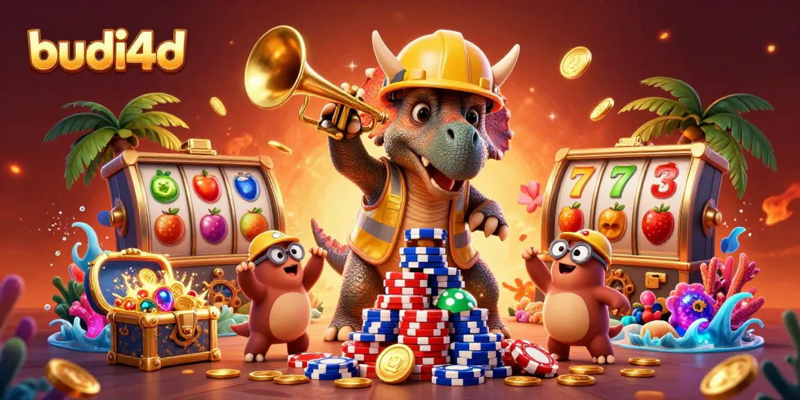 budi4d celebrates winning moments with a dynamic scene featuring a triceratops and parasaurolophus in an exciting casino setting.
