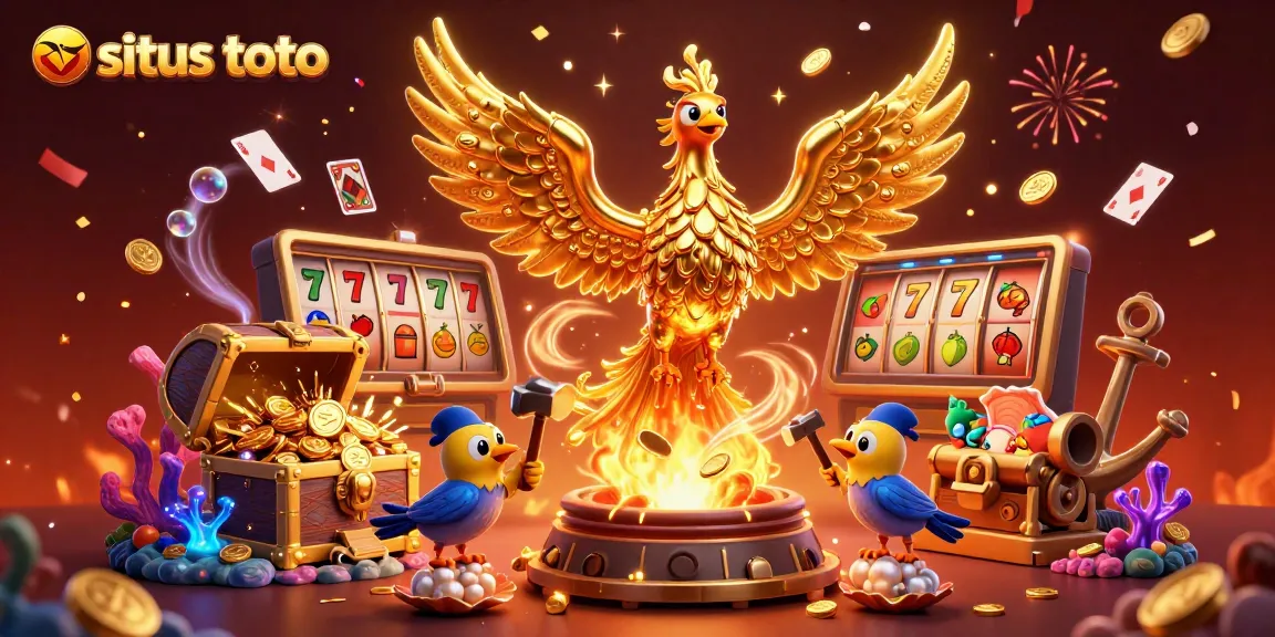 Sparkling casino scene for situs toto unveiling jackpots with golden phoenix, vibrant treasures, and festive elements.