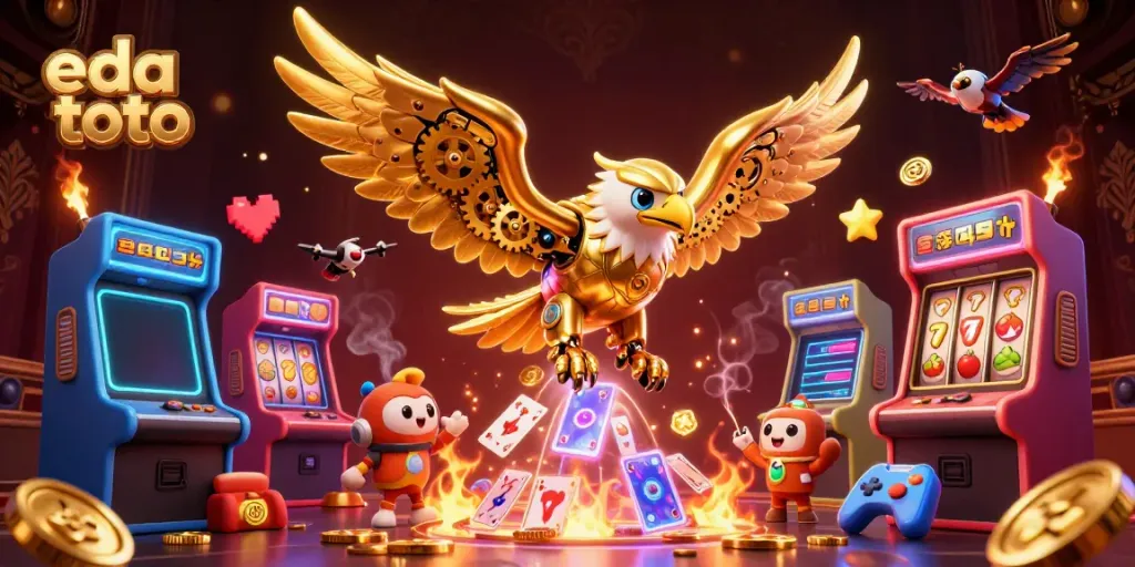 Play and win at eda toto with a dynamic 3D casino featuring golden eagle and arcade machines.
