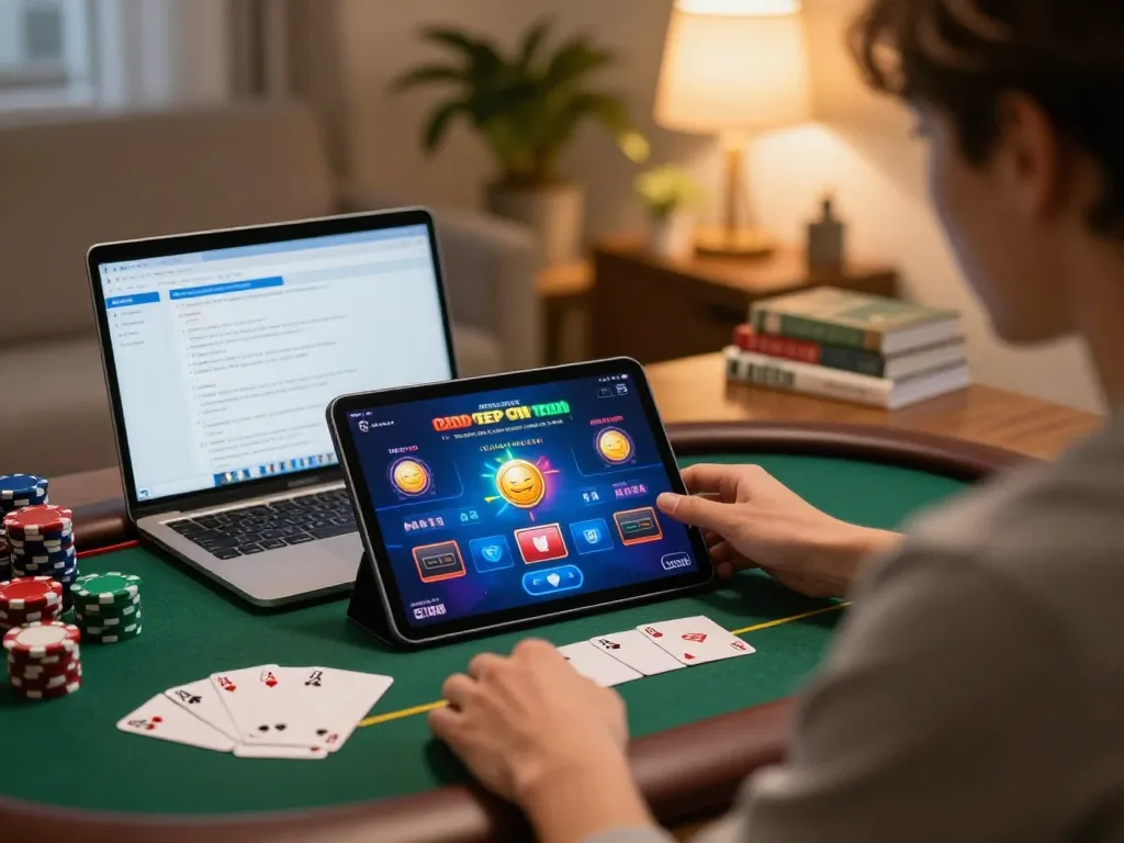 Engaging poker gameplay at home with sc88seo, showcasing tablet screen and strategy notes