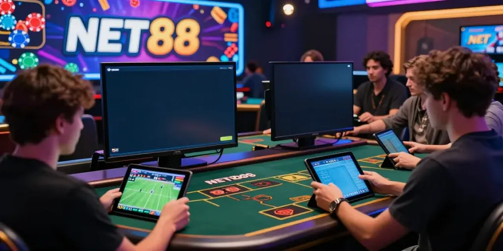 Exciting gaming scene with players engaging in online betting on NET88