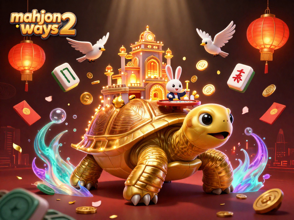 Experience excitement playing mahjong ways 2 with a vibrant 3D scene of a tortoise casino and flying coins