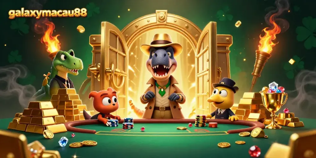 Experience thrilling blackjack action with galaxymacau88’s animated dinosaur characters and treasure elements.