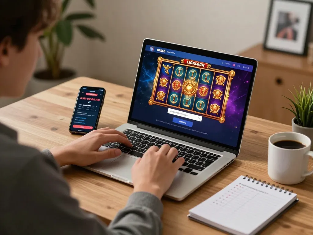 LIGALGO LOGIN on a laptop as a player engages with online slot games in a cozy atmosphere.