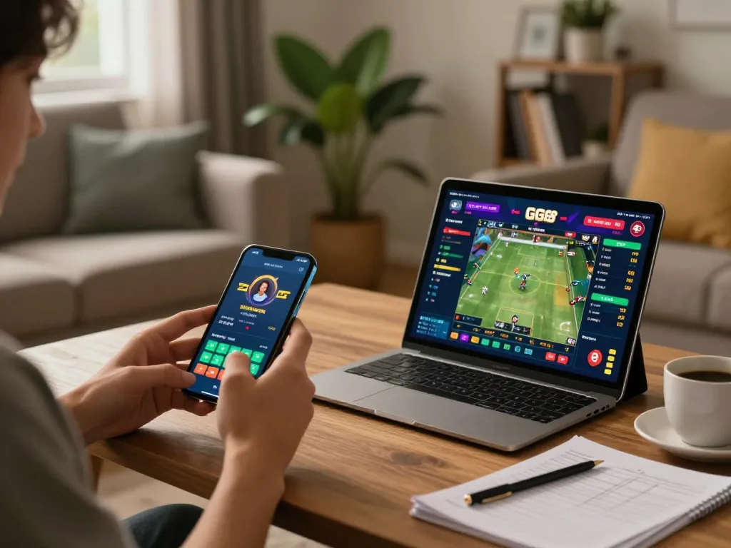 Engaging in betting strategies on GG88 through mobile apps in a cozy living room.