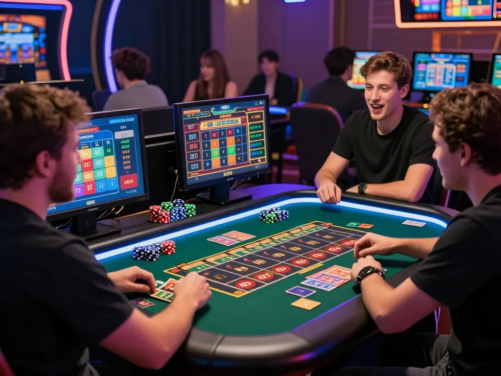 Excited players engaging in online lottery draws at wraungtoto gaming table.