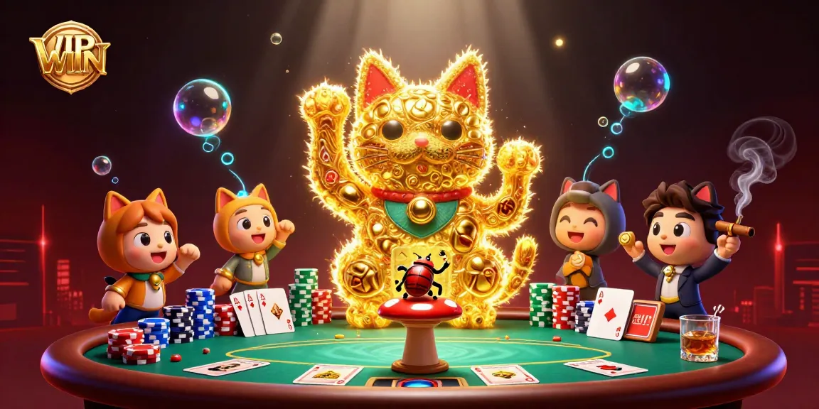 Experience thrilling betting action with VIPWIN’s casino magic featuring a giant lucky cat and vibrant gaming elements.