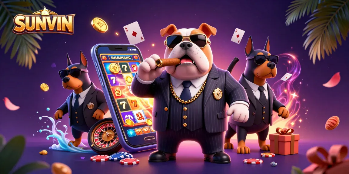 SUNVIN mafia-themed slot game scene with a bulldog boss and Doberman bodyguards.