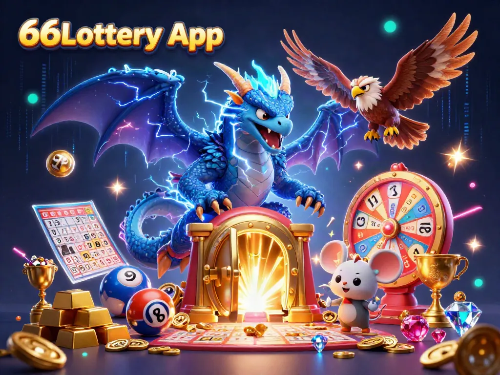 Engage with the thrilling 66Lottery App featuring vibrant lottery elements, character interactions, and rich details.