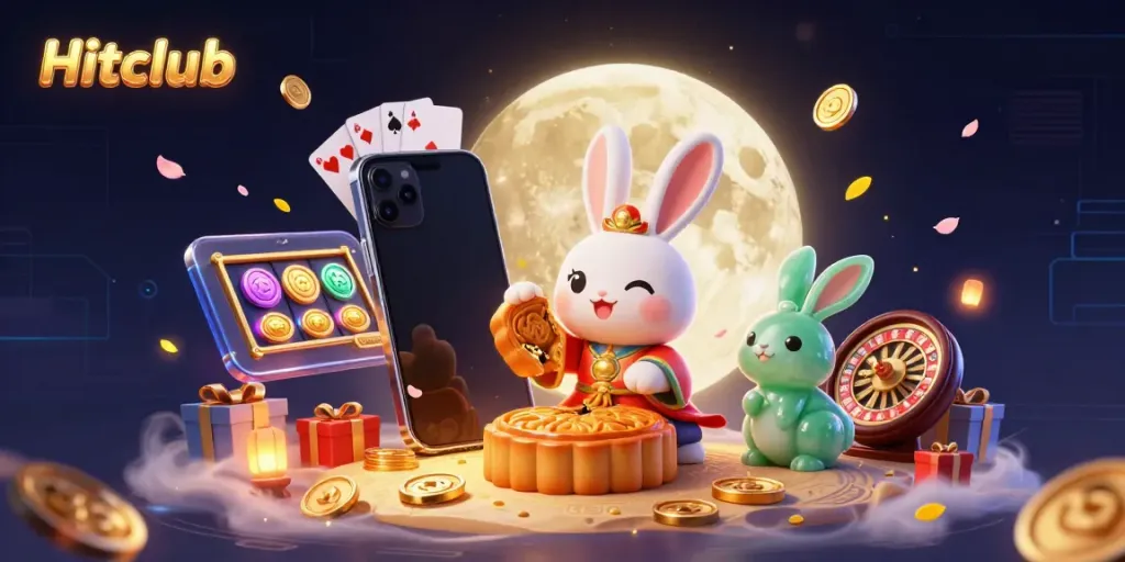 Hitclub showcases a vibrant scene of a moon rabbit revealing poker chips among a colorful casino backdrop, promising players an exciting experience.