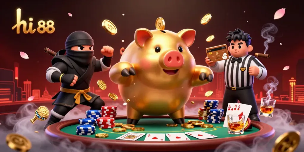 Action-packed scene with "hi 88" highlighting a golden piggy bank sumo wrestler at an exciting poker table.