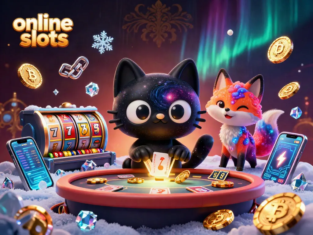 Engage with colorful online slots at this cosmic casino scene featuring lucky 7s and Bitcoin.