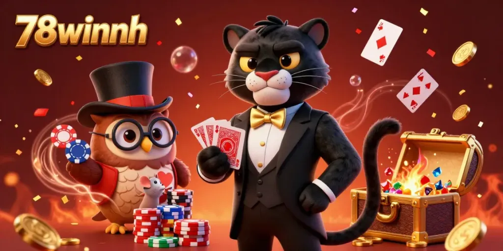 Engaging players with 78winnh's vibrant casino scene featuring a panther, owl, and lucky mouse.