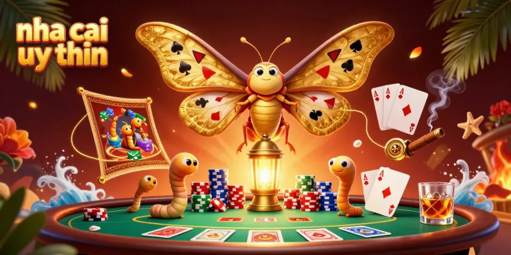 Engage with nha cai uy tin in a vibrant 3D casino scene featuring a majestic moth and gaming elements.