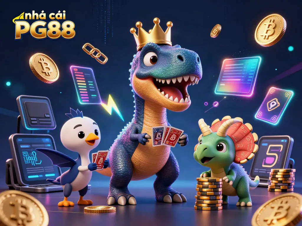 Engaging scene showcasing nhà cái PG88: a cartoon T-Rex shuffling cards with a pterodactyl assistant and a triceratops stacking chips.