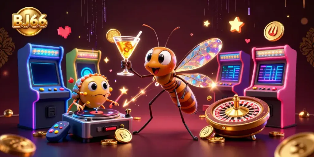 Experience the thrilling atmosphere of BJ66 with a lively casino scene featuring unique characters and games.