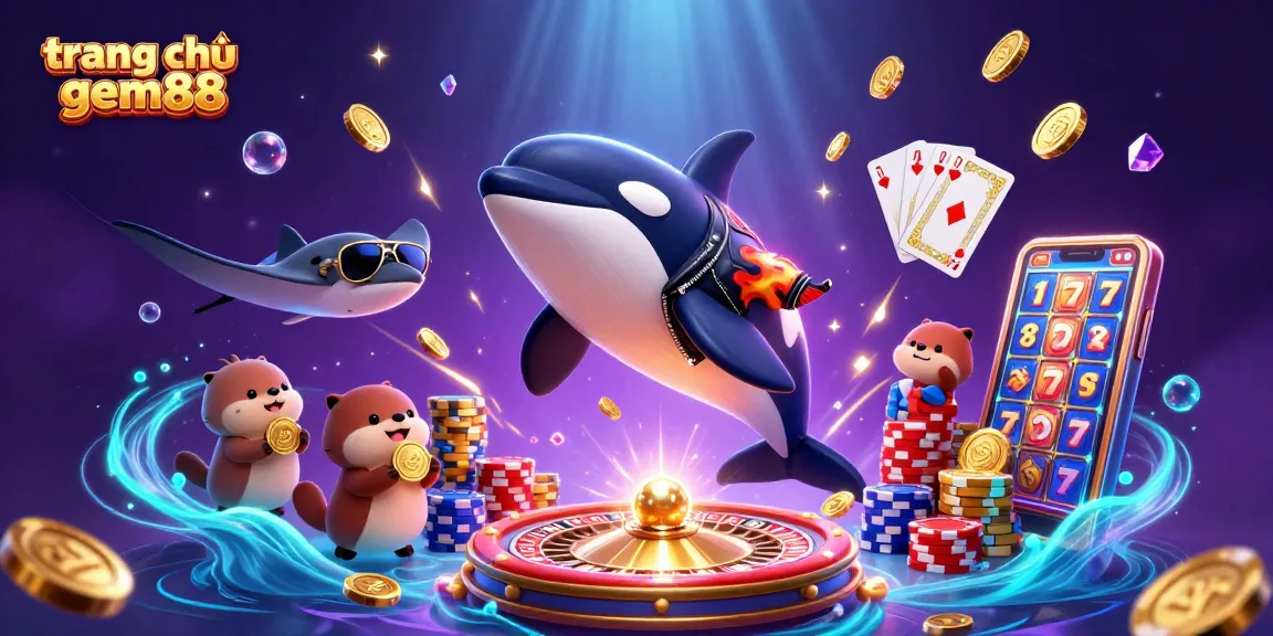 Engage with the vibrant energy of trang chủ gem88, featuring an orca whale and sea creatures in a lively casino scene.