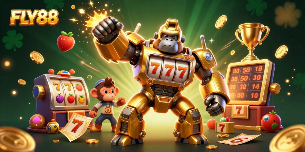 FLY88 welcomes players to a vibrant gaming world as a golden mech bursts with coins.