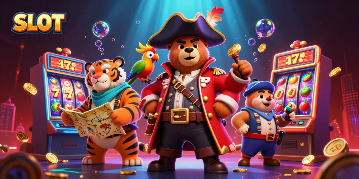 SLOT machines whirl with vibrant reels as a pirate bear, tiger first mate, and golden parrot celebrate wins.