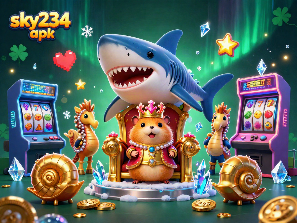 Join the excitement with sky234 apk in this vibrant casino scene featuring a golden hamster king!