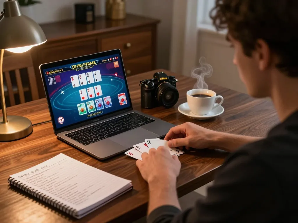 Engaged online gamer exploring link cm88 mới nhất with vibrant poker interface, cozy home setup.
