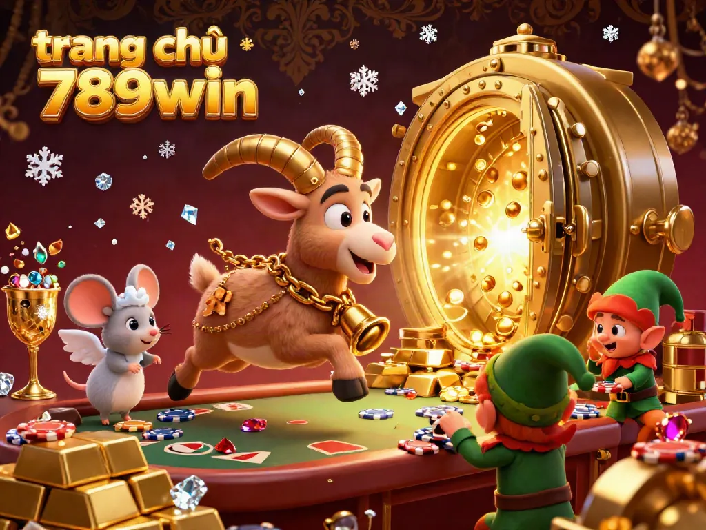 Experience the excitement of trang chủ 789win with a festive casino scene featuring playful characters and gold treasures.