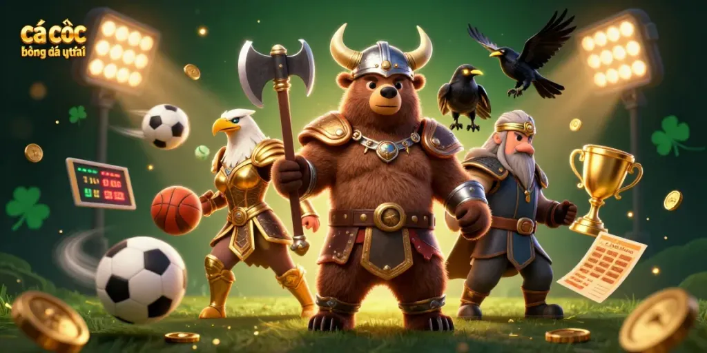 Cá cược bóng đá uy tín, biểu tượng với các nhân vật 3D như gấu chiến Viking và đại bàng Valkyrie hòa cùng ánh đèn sân vận động và các quả bóng thể thao.