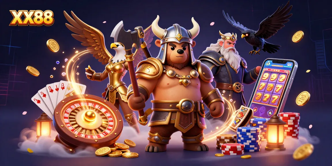 Experience the thrilling world of XX88’s casino with a dynamic 3D illustration showcasing iconic characters and gaming elements.
