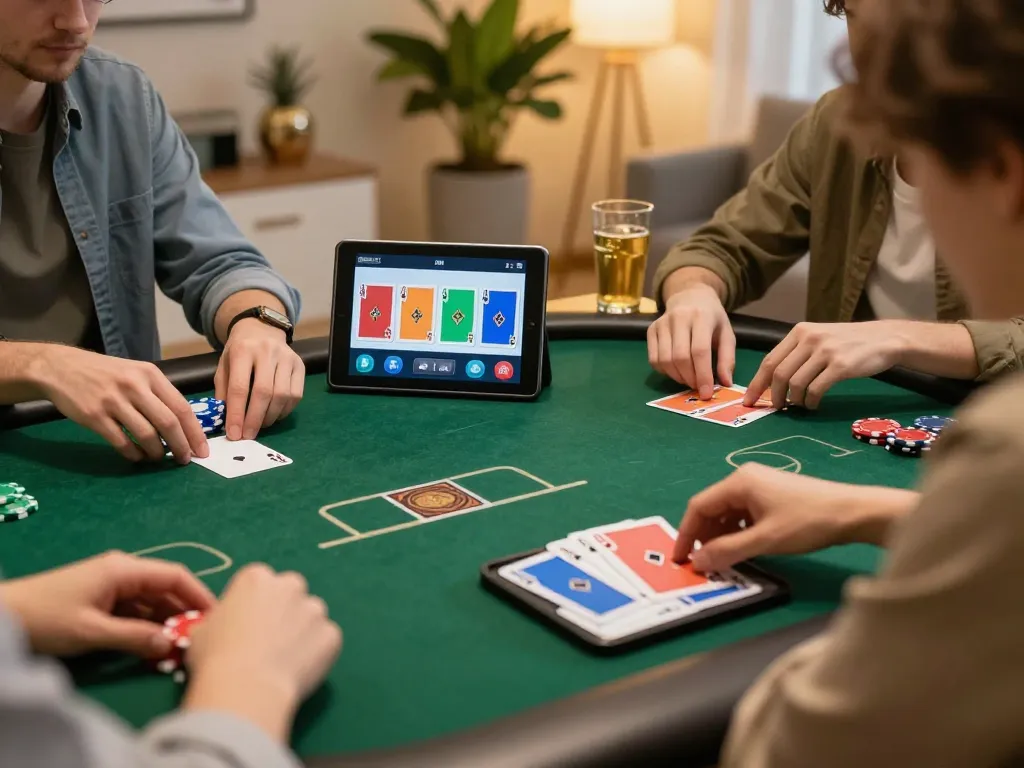 Players engaging in online poker on a tablet, featuring imcatherinemcgrath gaming strategically in a cozy, well-lit setting.