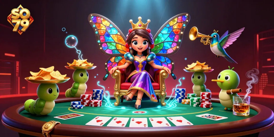 Experience the enchanting so 79 casino scene with a butterfly queen and vibrant poker elements.