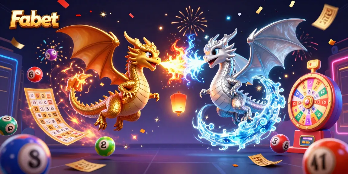 Fabet’s vibrant scene with twin dragons unleashing elemental energies amid lottery excitement.