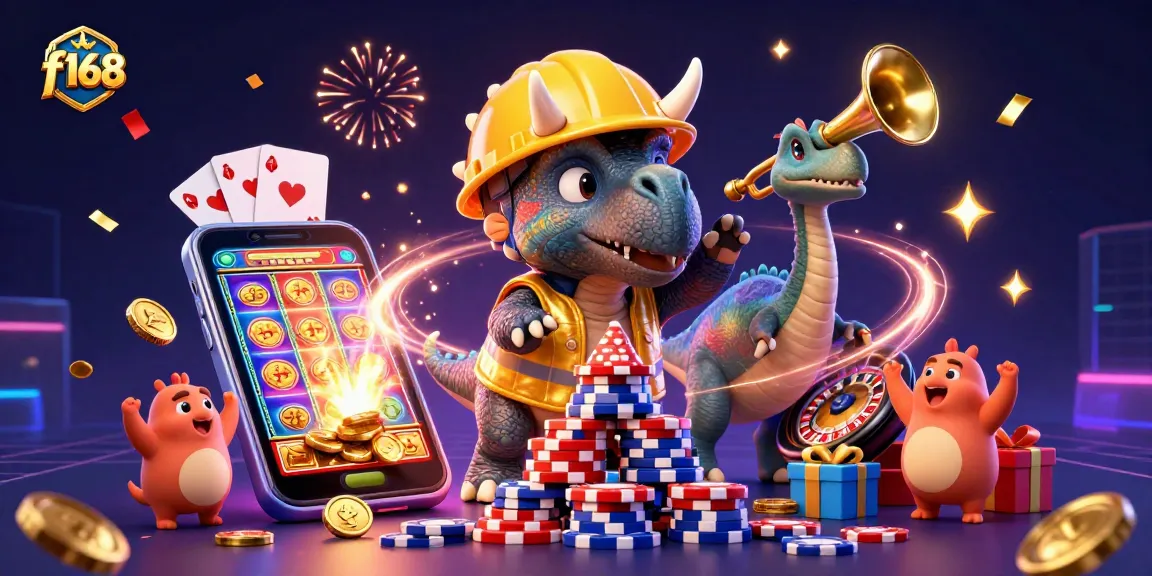 Experience the thrill of f168 with a festive 3D illustration of joyful casino elements and engaging characters.