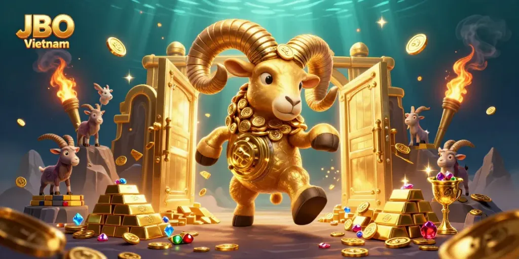 Experience thrilling betting action at JBO Vietnam with a golden ram charging through a treasure-filled casino.