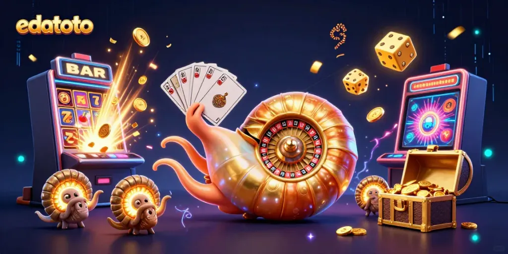 Experience the excitement of edatoto with a dynamic casino scene featuring a giant nautilus roulette wheel and vibrant game elements.