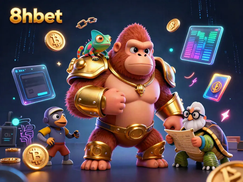 Experience thrilling gaming at 8xbet with vibrant characters amidst digital casino elements.