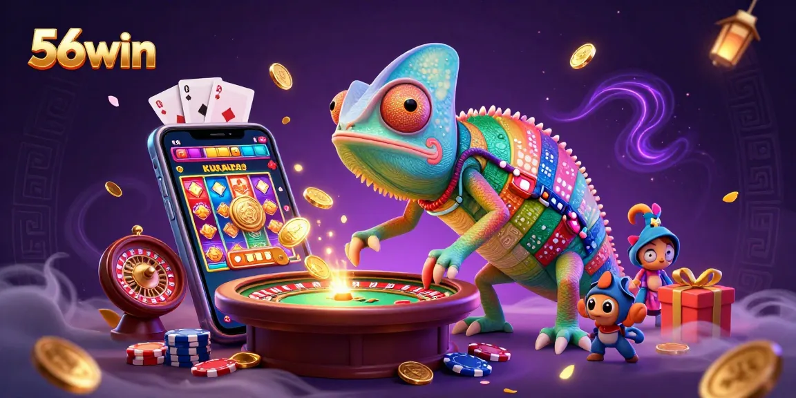 Engage with 56win's thrilling gaming universe in this vibrant 3D illustration, showcasing casino excitement.