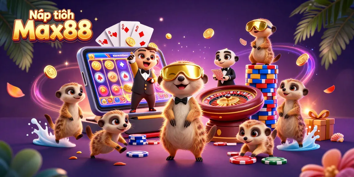 Nạp tiền Max88 in an animated meerkat casino scene, showcasing lively action and fun gambling elements.