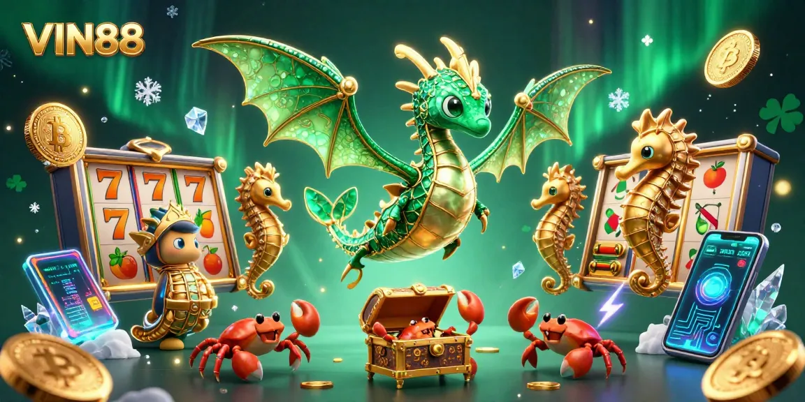 Engage in thrilling slots at VIN88 with vibrant emerald-themed 3D casino scene