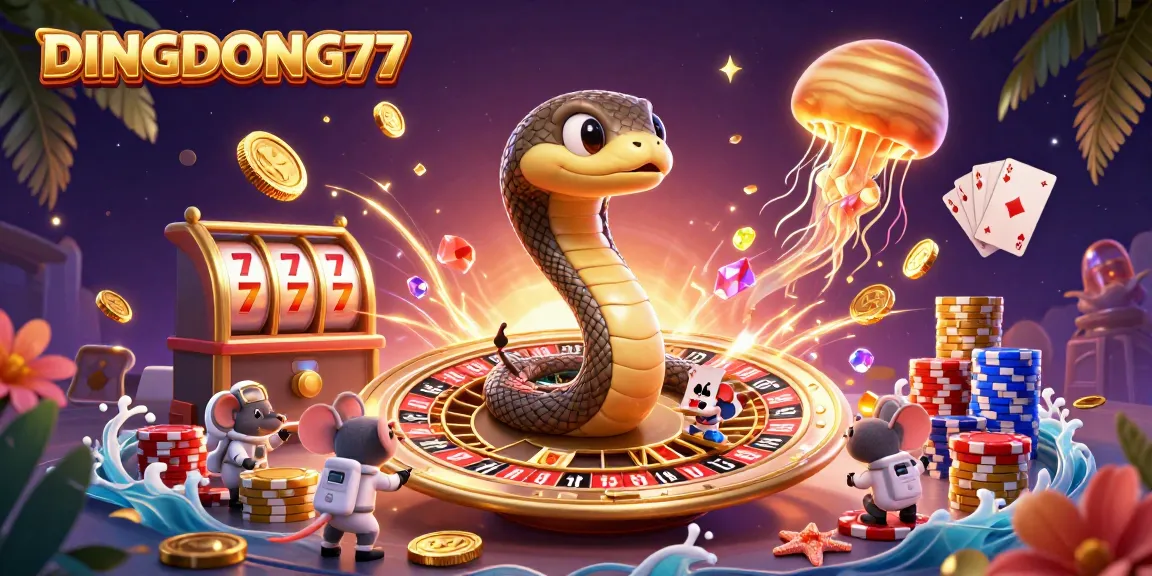 DINGDONG77 presents a vibrant 3D casino scene with animated characters, slot machines, and dynamic game elements.
