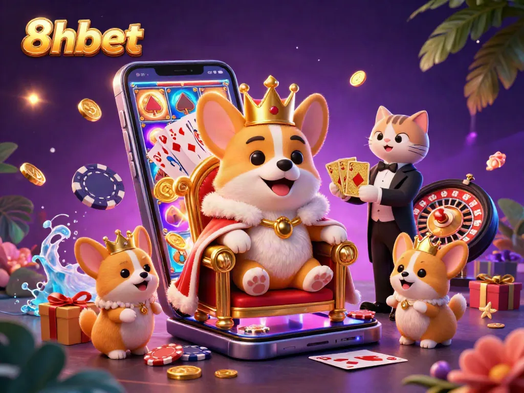 Spin the reels and win big with 8xbet, featuring a royal corgi and vibrant casino elements.