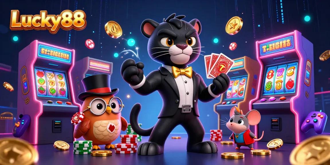 Play exciting casino games with Lucky88, featuring a panther, owl, and mouse in an enchanting 3D scene.