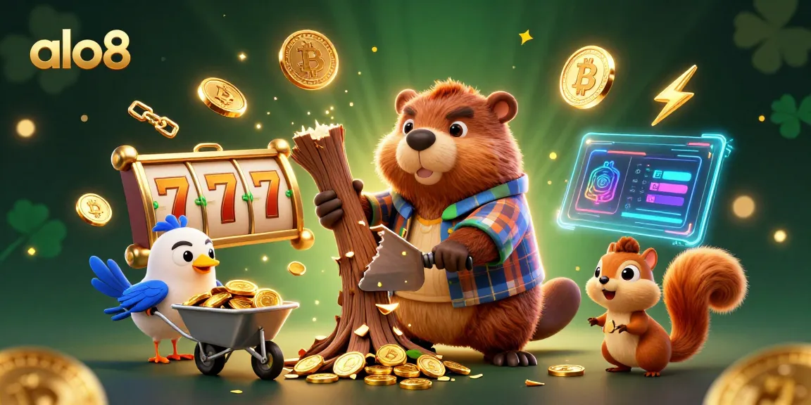 Join the fun at alo8 as the cartoon beaver chops trees raining gold coins in this vibrant casino scene.