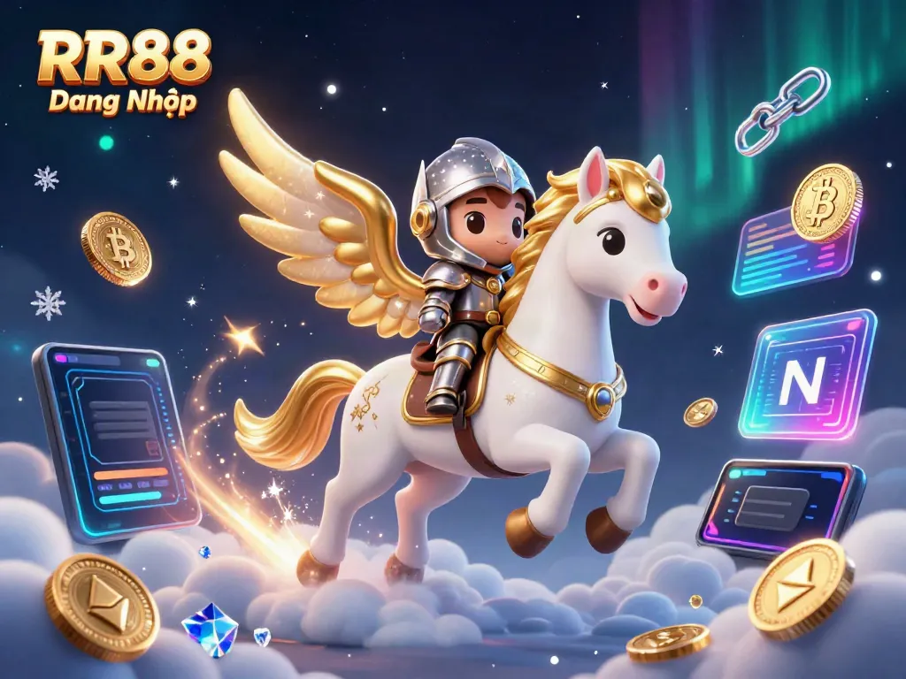 Experience RR88 Đăng Nhập with exciting 3D visuals of a celestial horse and armored knight surrounded by crypto coins.