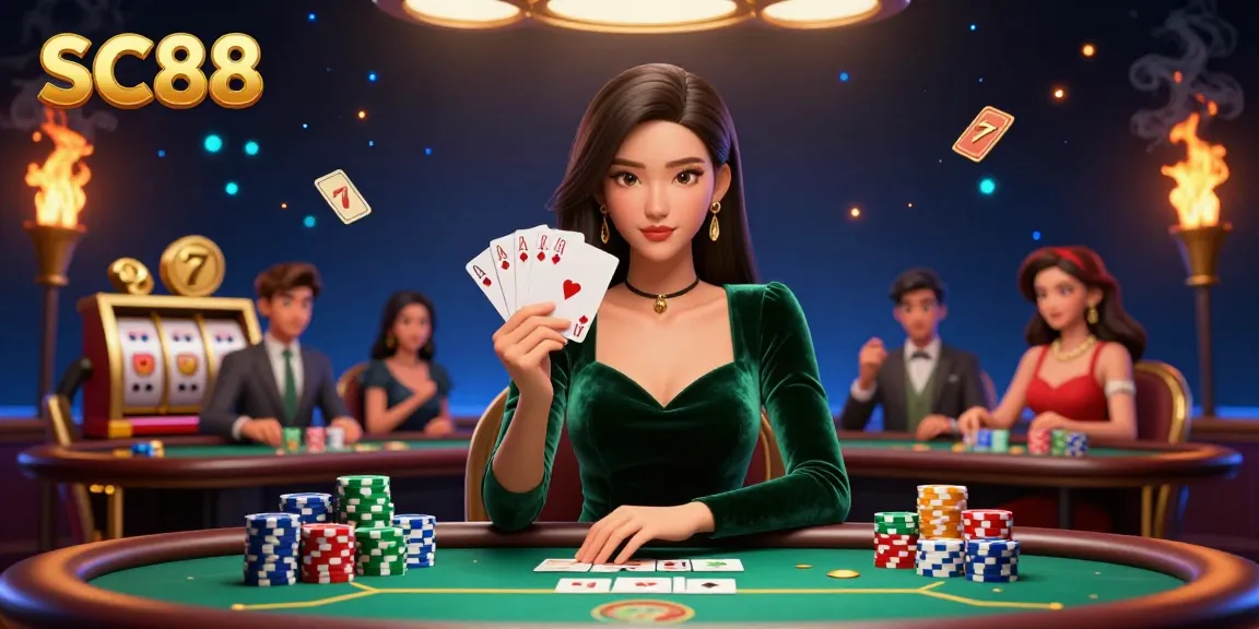 Engage in thrilling gameplay at SC88 Casino with a beautiful dealer showcasing her cards at a poker table.