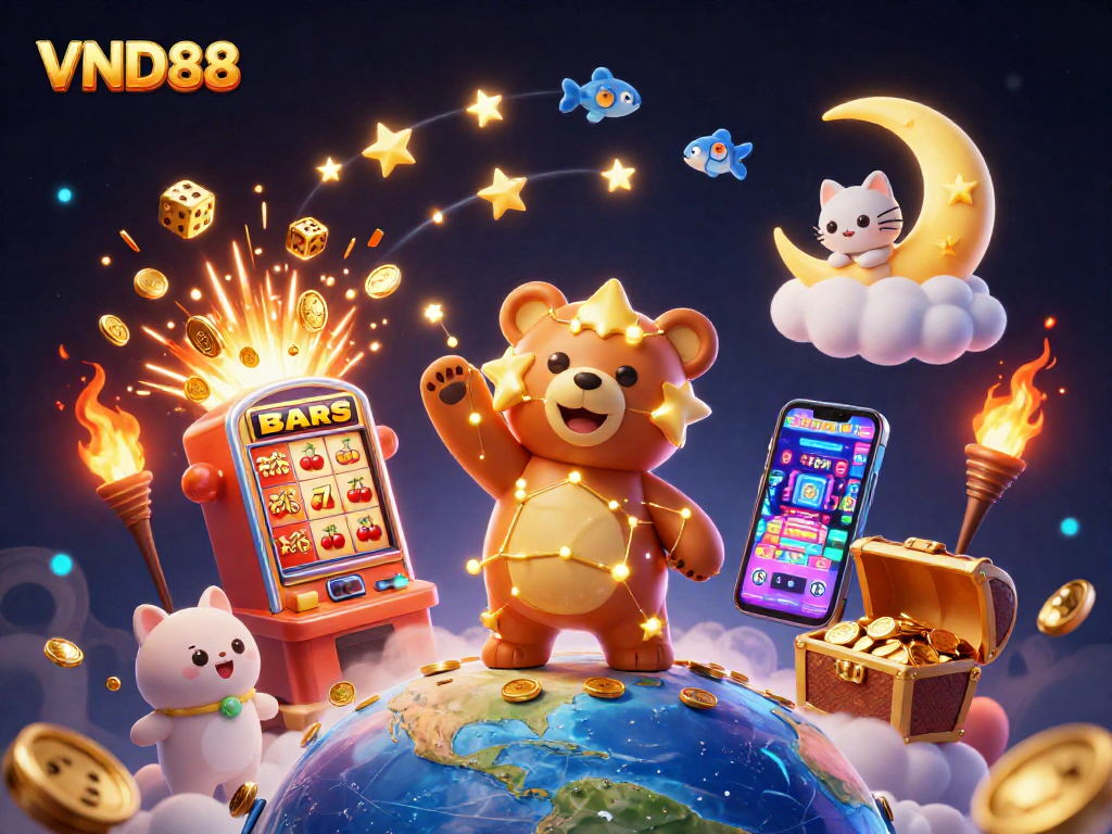 Join the excitement at VND88 with a captivating 3D casino scene full of slots and gold!