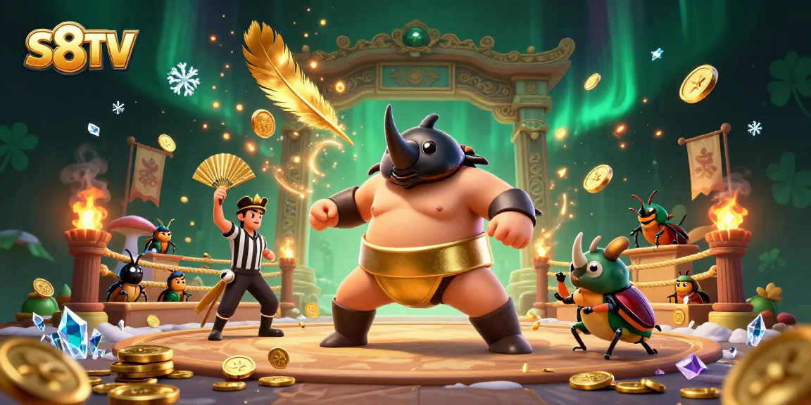 Join S8TV for thrilling moments as a sumo beetle champion stomps gold coins in the vibrant arena.