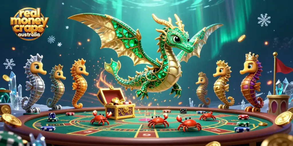 Engaging scene of real money craps Australia highlighting a leafy sea dragon and craps table, rich in detail.