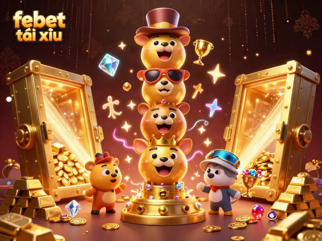 Experience the thrill of febet tài xỉu with a vibrant 3D illustration of a golden casino totem surrounded by treasures.